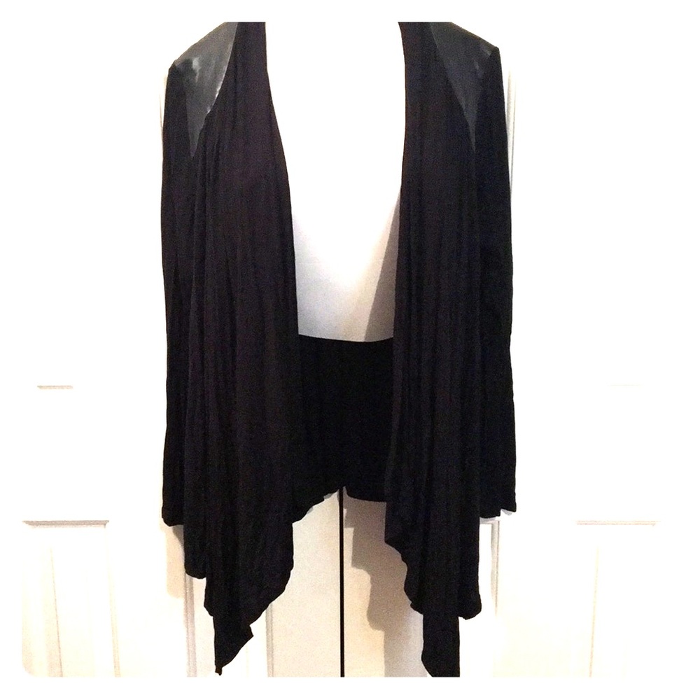Black flowy open cardigan with pleather shoulders